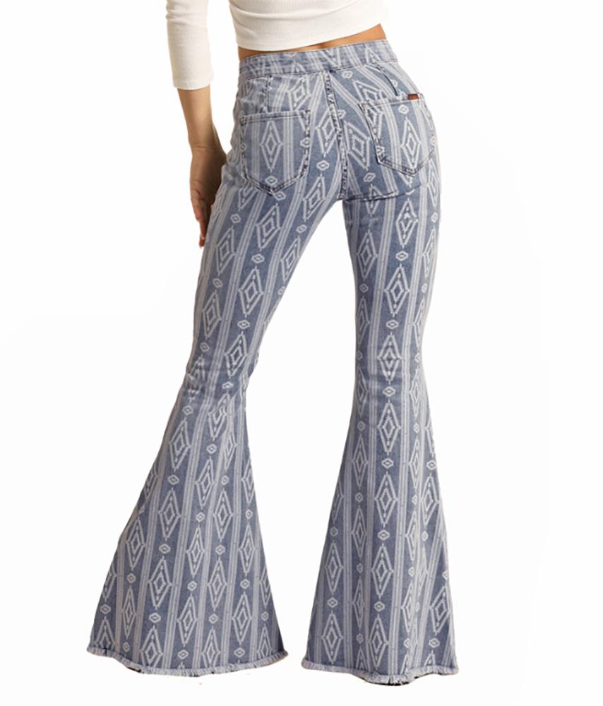 Rock and Roll Cowgirl Bargain Bell Button Aztec Stretch Flare Jeans