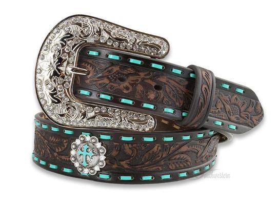 Ladies Nocona Turquoise Stitched Cross Concho Leather Cowgirl Belt