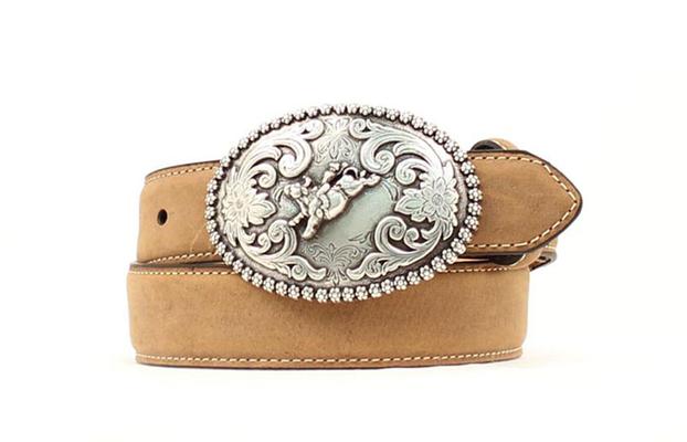 Kids Distressed Basic Brown Leather Belt with Bull Rider Buckle