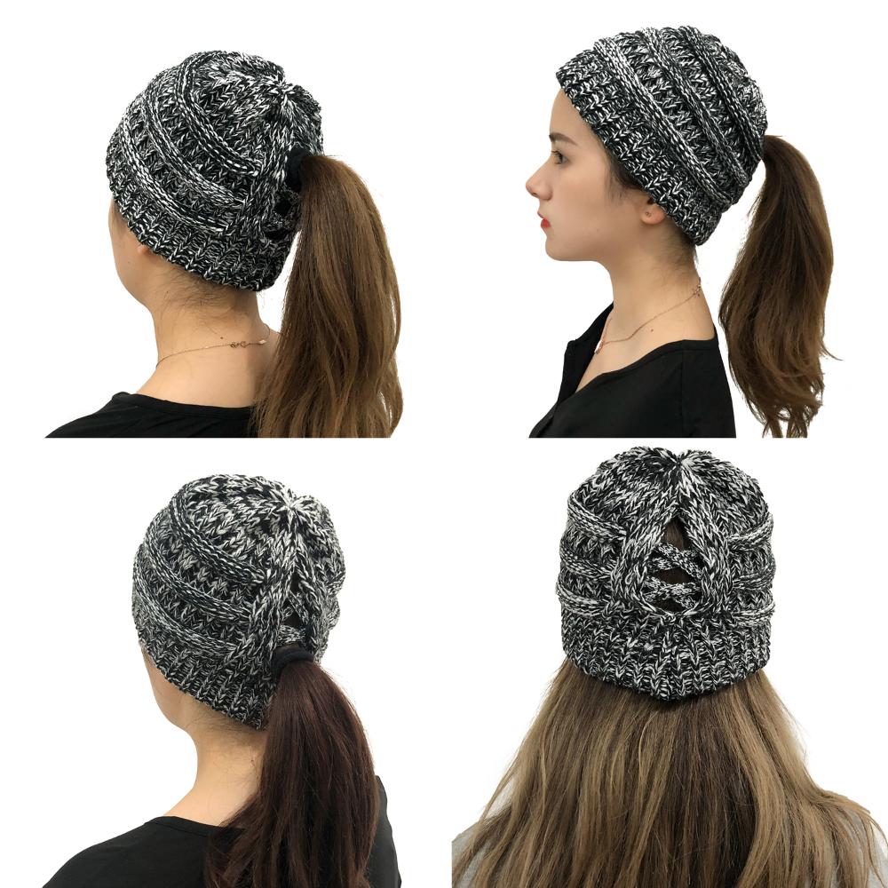 TOPTIE Womens Ponytail Messy Bun Beanie Hat with Cross Bands