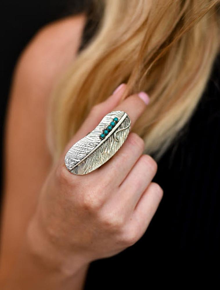 Adjustable Burnished Silver Feather Ring with Turquoise Accent