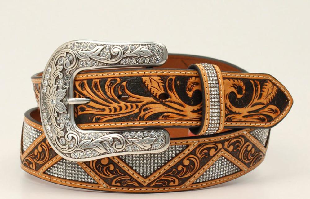 Angel Ranch Zag Stone Floral Tooled Leather Belt