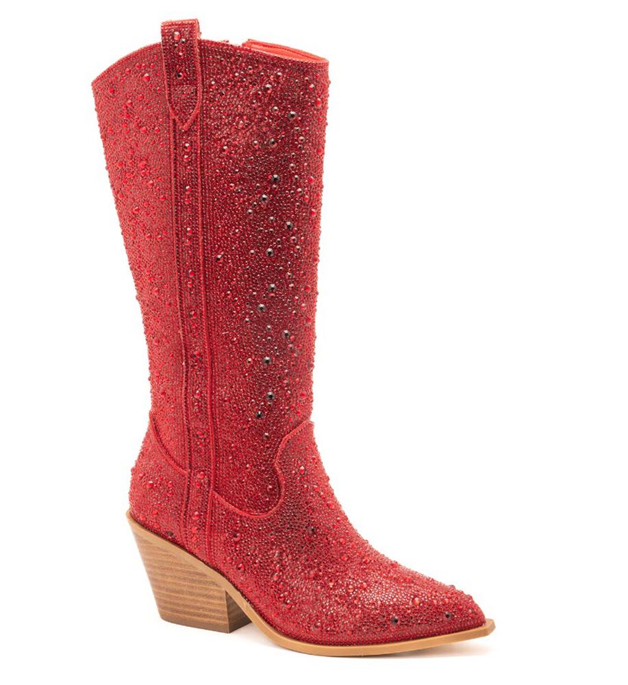 Corkys Womens Glitzy Red Rhinestone Fashion Boot