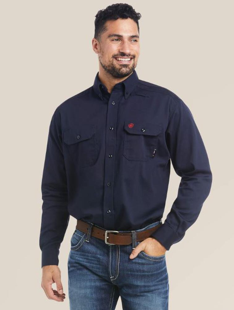 Ariat FR Navy Solid Mens Button Work Shirt